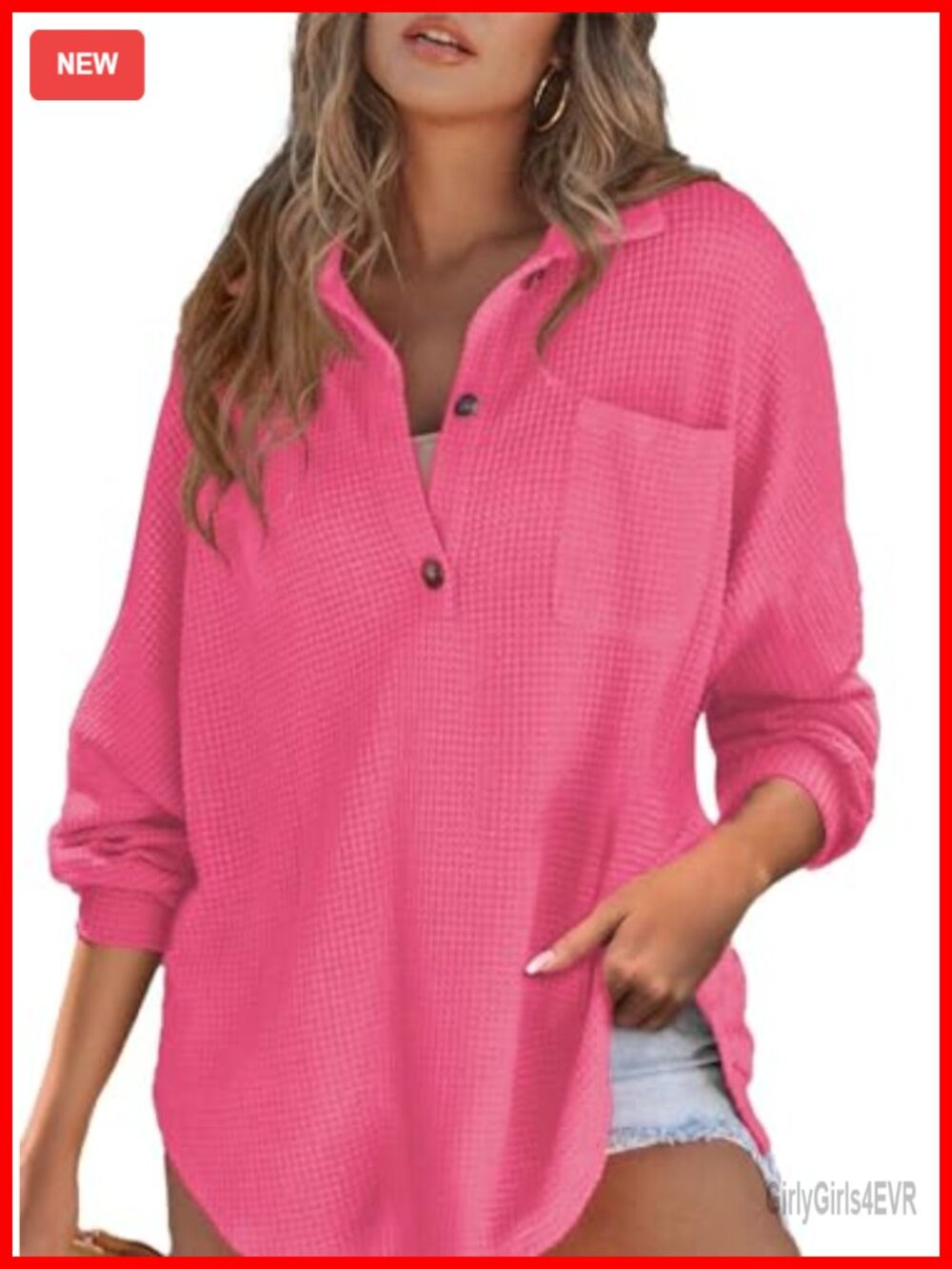 Waffle Knit Henley Top Oversized Tunic V-Neck Button Down Casual